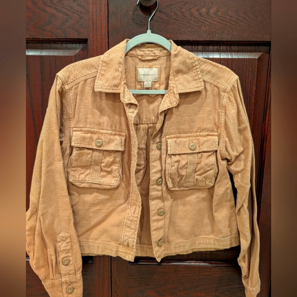 American Eagle Cropped Tan Twill Shacket